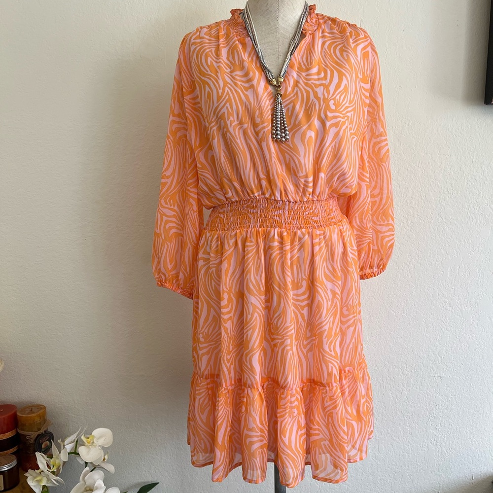 ICHI Women's Orange Patterned V-Neck Smocked Waist Dress size 36/ small 4-6